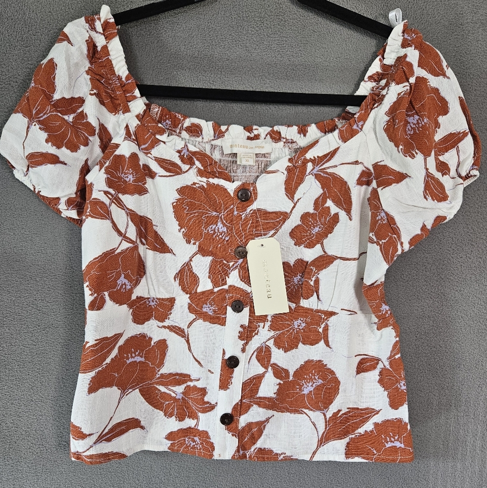 Monteau White Crop Top with Rust Floral Print
